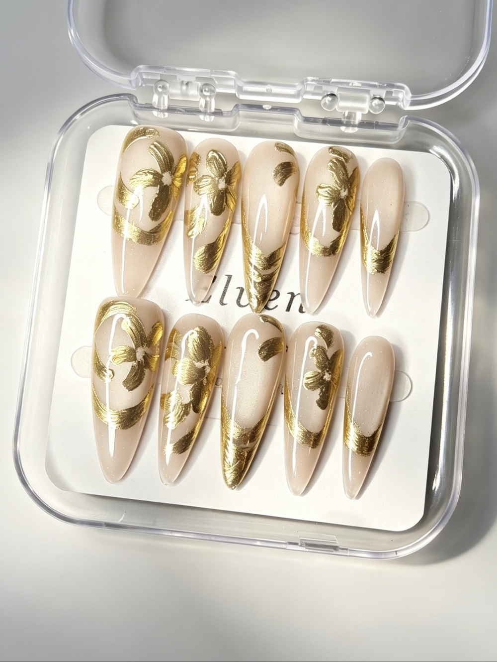 Gold Floral And Nude Cat Eye Handmade Stiletto Press-On Nails